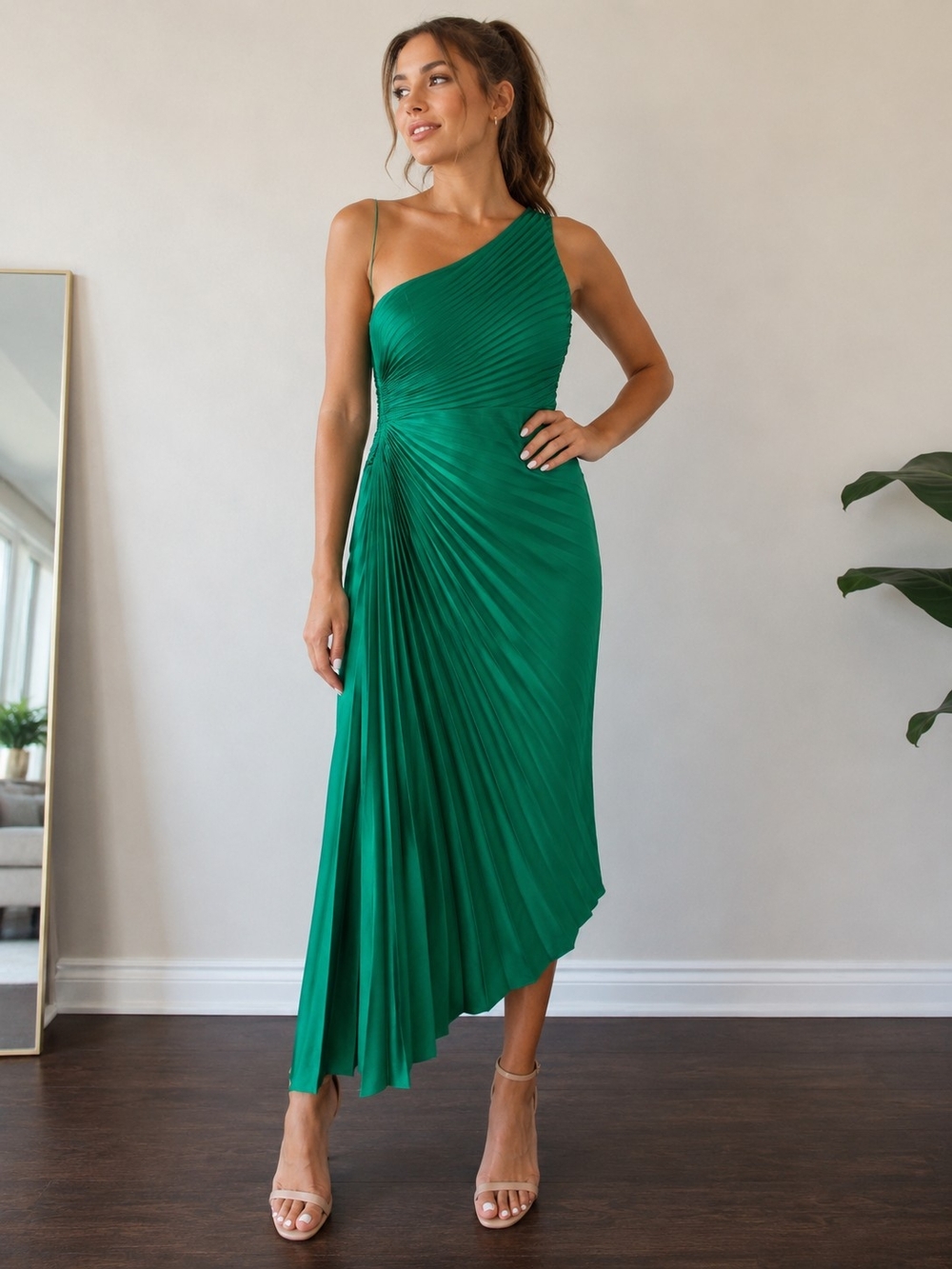 Fashion Nova One-Shoulder Emerald Green Pleated Midi Dress